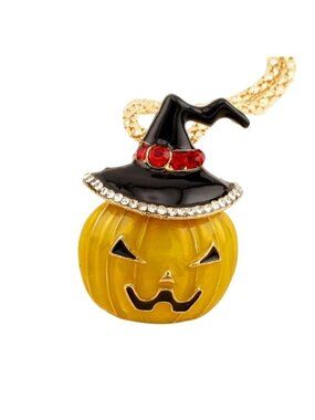 Halloween Jack O' Lantern Pendant Necklace Gold Tone
